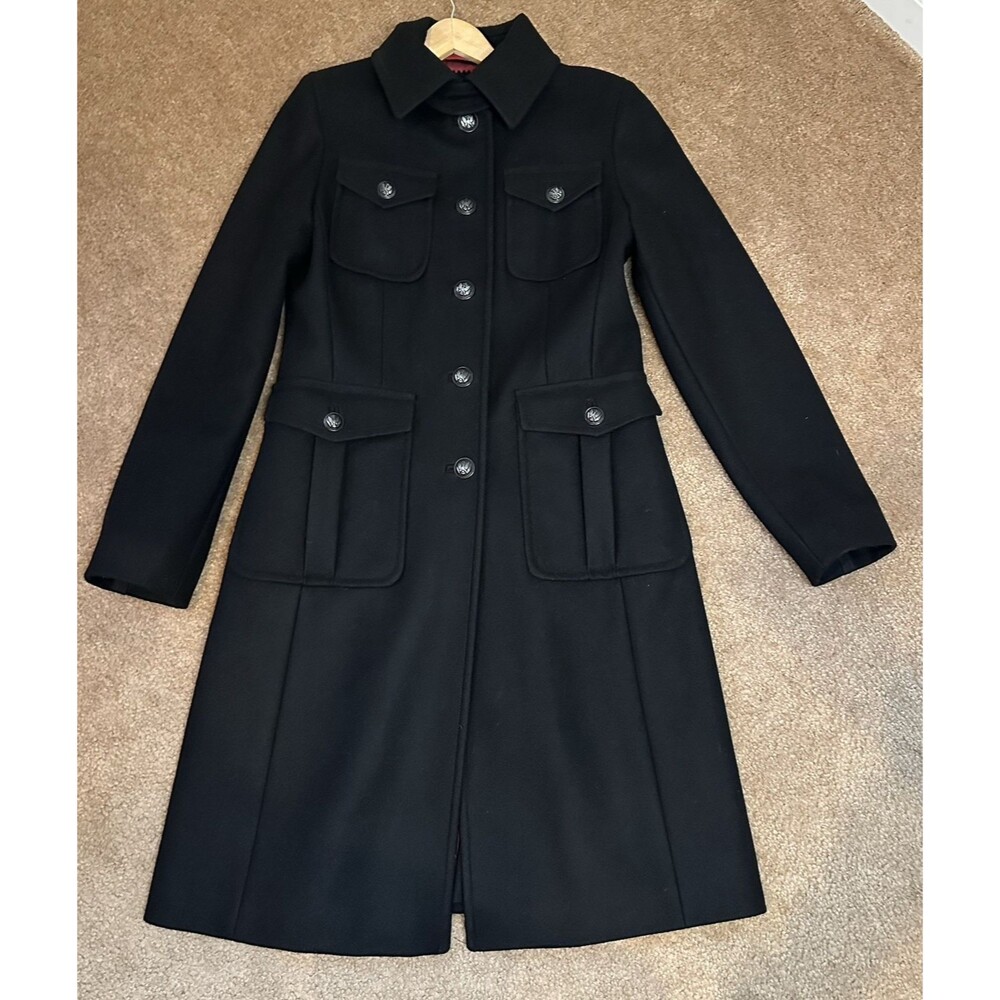 Kenneth Cole New York Wool Military Coat Black Long Officer Style Red Lining 6
